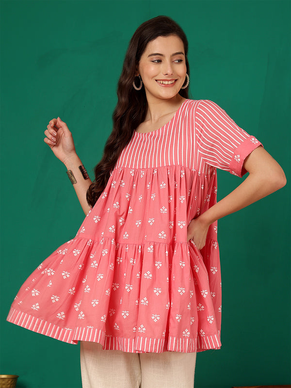 ANAISA Women Cotton Pink Printed, Round Neck, Short Sleeves, Regular Length Fit & Flare Top