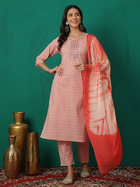 Women Orange Cotton Printed, Round Neck, 3/4 Sleeves, Calf Length Kurta with Trouser & Dupatta