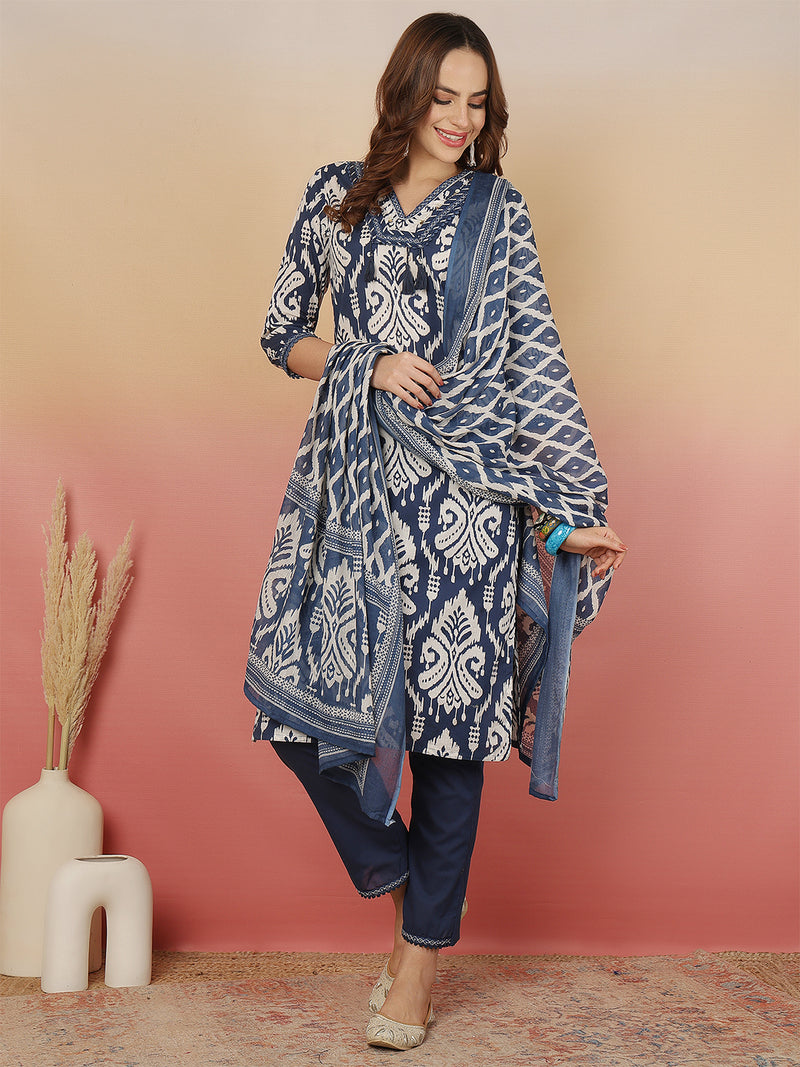 Sangira Women Cotton Printed V-neck, Straight Kurta with Trouser & Dupatta