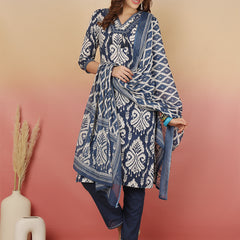 Sangira Women Cotton Printed V-neck, Straight Kurta with Trouser & Dupatta