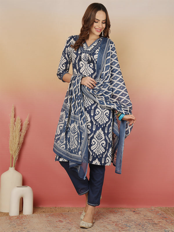 Sangira Women Cotton Printed V-neck, Straight Kurta with Trouser & Dupatta