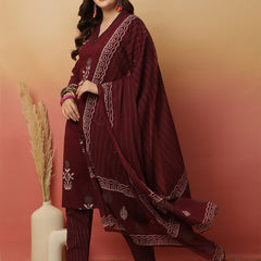 Women Maroon Cotton Printed V-neck Kurta with trouser & Dupatta