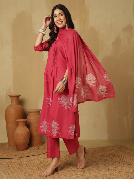 Women Cotton Discharge Printed A-line Kurta with Trouser & Dupatta