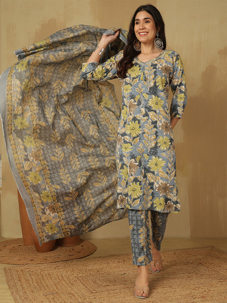 Women Viscose Rayon Blue Floral Printed Kurta with Trouser & Dupatta