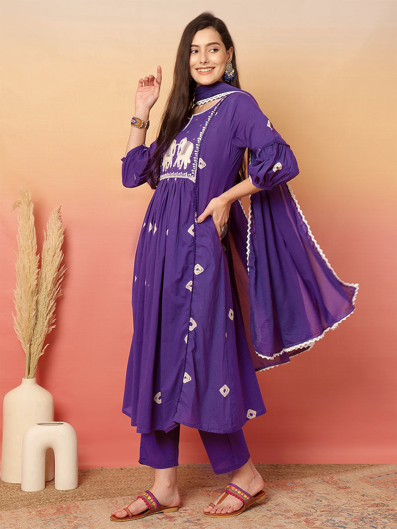 Women Cotton Purple Embroidery Anarkali Kurta with Trouser & Dupatta