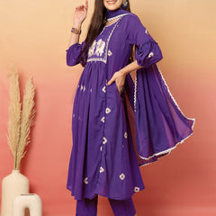 Women Cotton Purple Embroidery Anarkali Kurta with Trouser & Dupatta