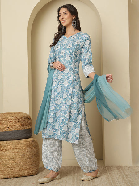 Women Blue Viscose Rayon Printed Round Neck Kurta with Trouser & Dupatta