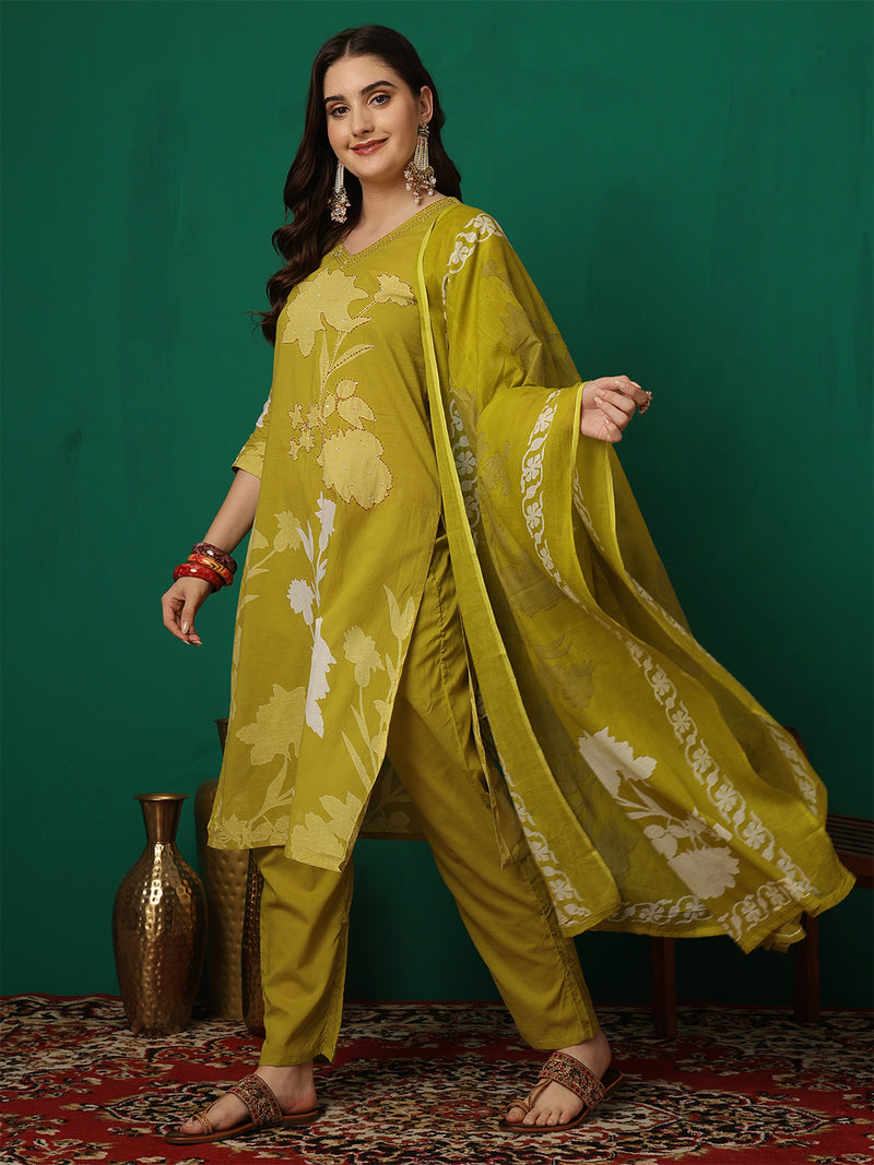 Women Cotton Printed Patch Work Kurta with Trouser & Dupatta