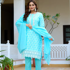 ANAISA Women cotton Schiffli embroidered Kurta with Trouser & Dupatta