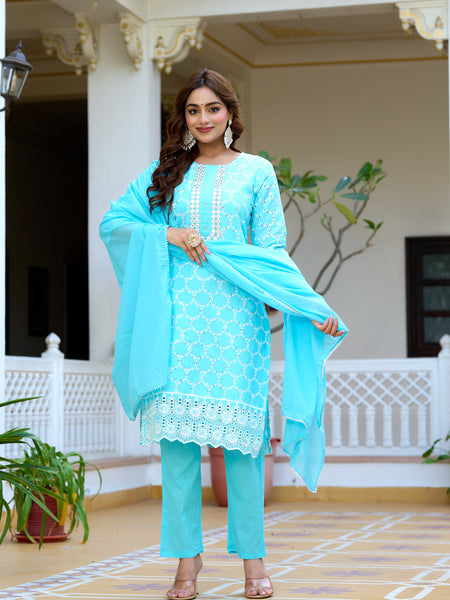 Women cotton Schiffli embroidered Kurta with Trouser & Dupatta
