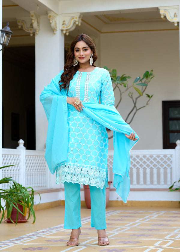 ANAISA Women cotton Schiffli embroidered Kurta with Trouser & Dupatta
