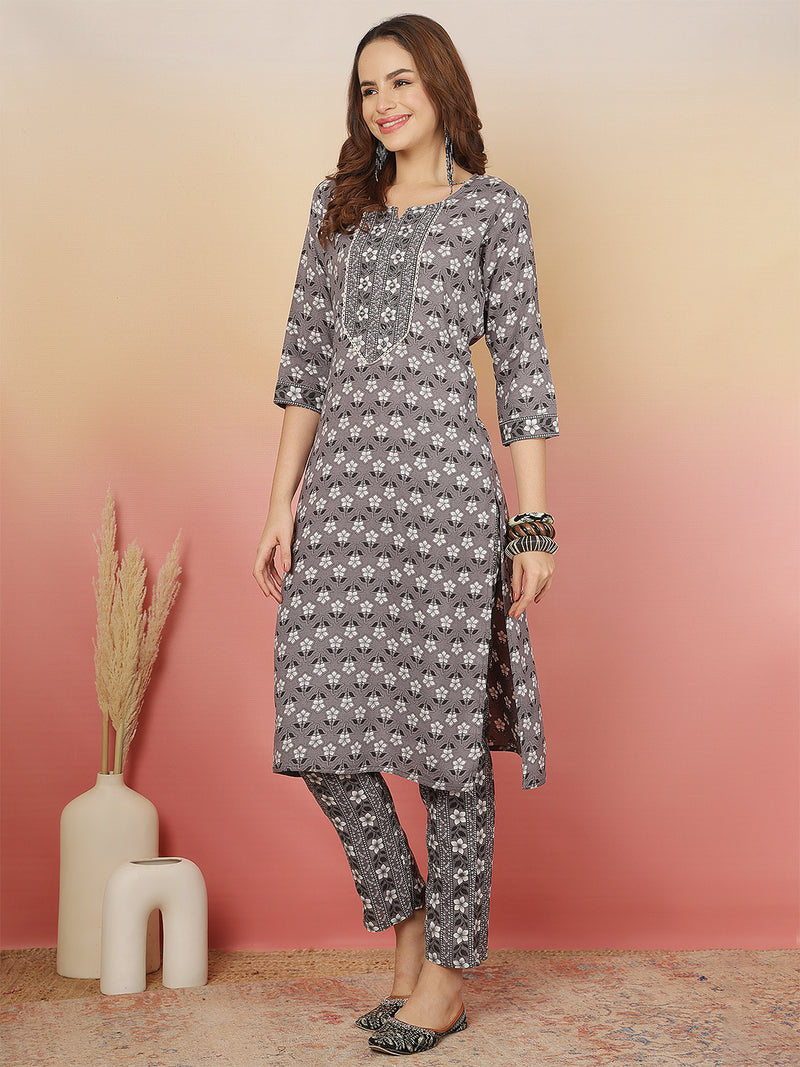 ANAISA Women Viscose Rayon Round Neck, Calf Length, Printed Kurta with Trouser & Dupatta