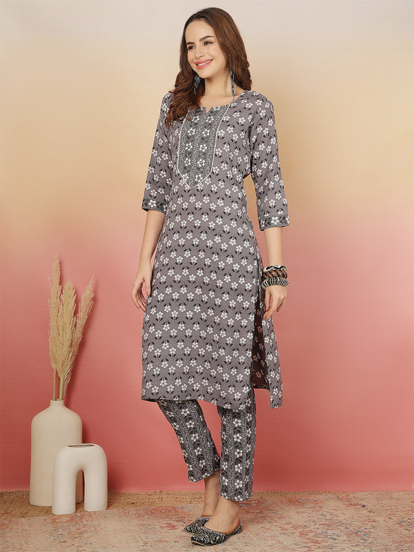 ANAISA Women Viscose Rayon Round Neck, Calf Length, Printed Kurta with Trouser & Dupatta