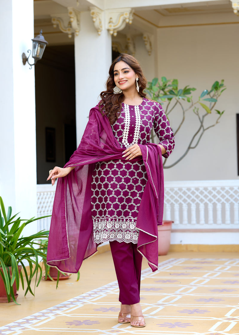 ANAISA Women cotton Schiffli embroidered Kurta with Trouser & Dupatta