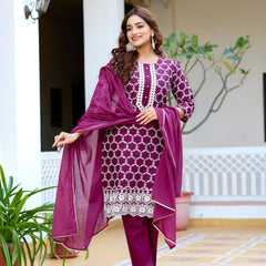 ANAISA Women cotton Schiffli embroidered Kurta with Trouser & Dupatta
