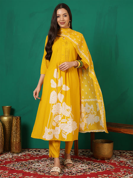 Women Mustard Discharge Printed A-line Kurta with Dupatta
