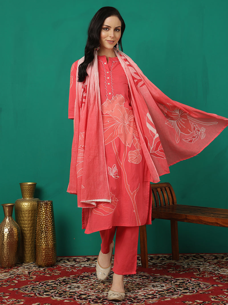 ANAISA Women Cotton Placement Print Straight Kurta with Trouser & Dupatta