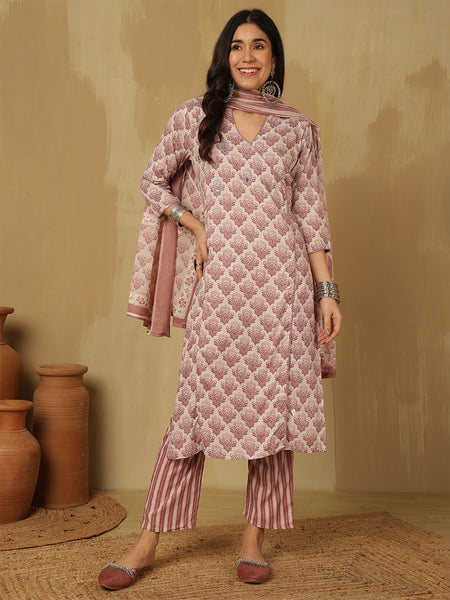 Women Pink Block Printed Kurta With Trouser & Dupatta