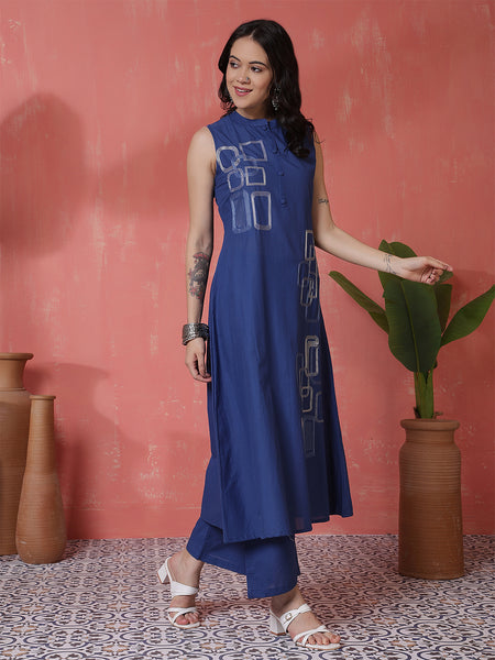 Women Royal Blue Pure Cotton Embroidery Kurta with attached sleeves and Palazzo Set