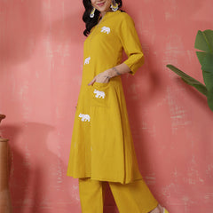 Women Mustard Solid Cotton A-line Kurta with Palazzo Set