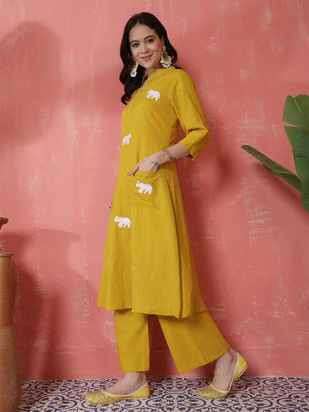 Women Mustard Solid Cotton A-line Kurta with Palazzo Set