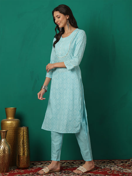 Women Turquoise Blue Cotton Printed Straight Kurta with Trouser