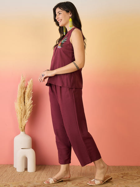 Women Cotton Maroon Embroidery Top With Trouser Co-ord Set