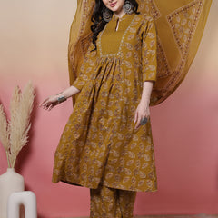 Women Green Floral Printed Hand Work Anarkali Kurta with Trouser & Dupatta