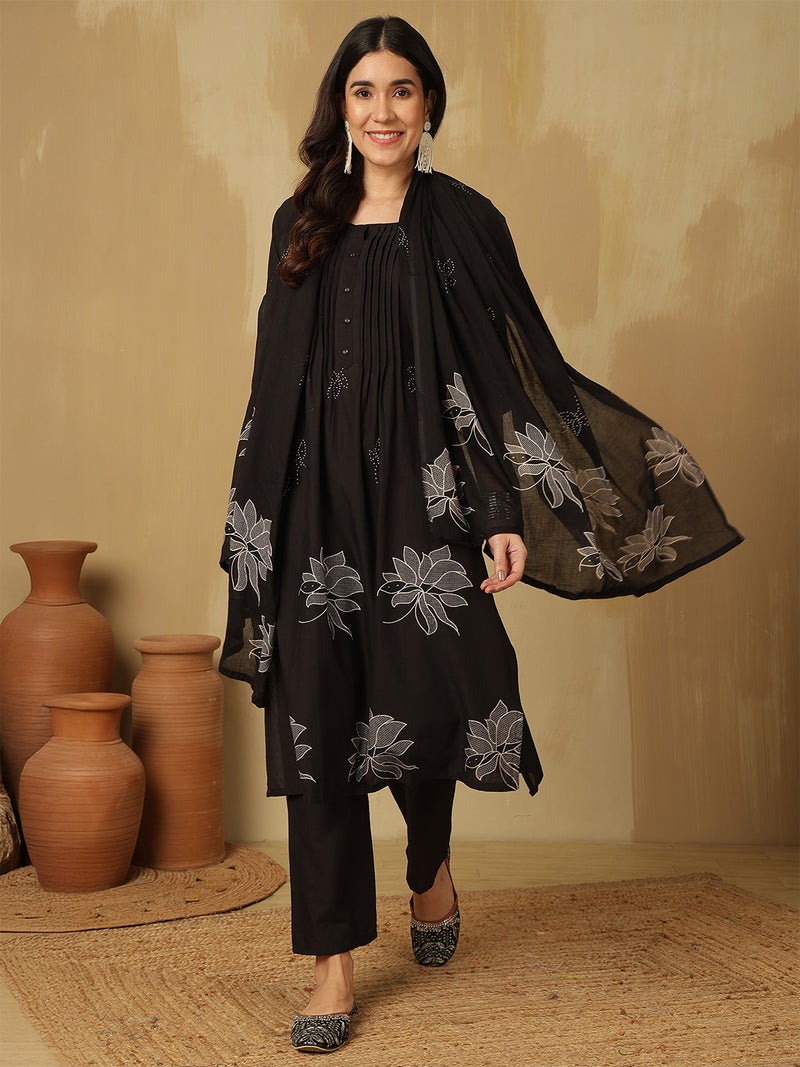 Women Black Cotton Discharge Printed A-Line Kurta With Trouser & Dupatta