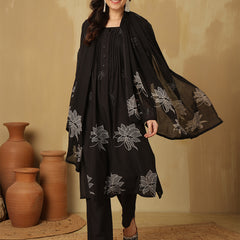 Women Black Cotton Discharge Printed A-Line Kurta With Trouser & Dupatta