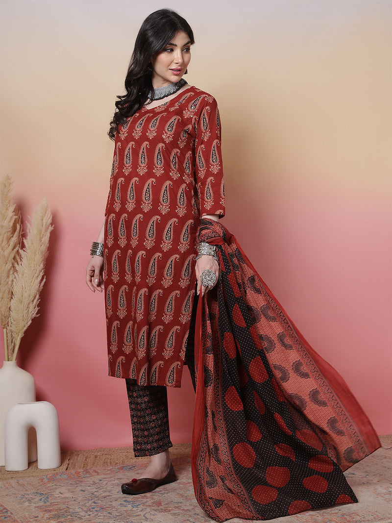 Women Black Block Printed Kurta with Trouser & Dupatta