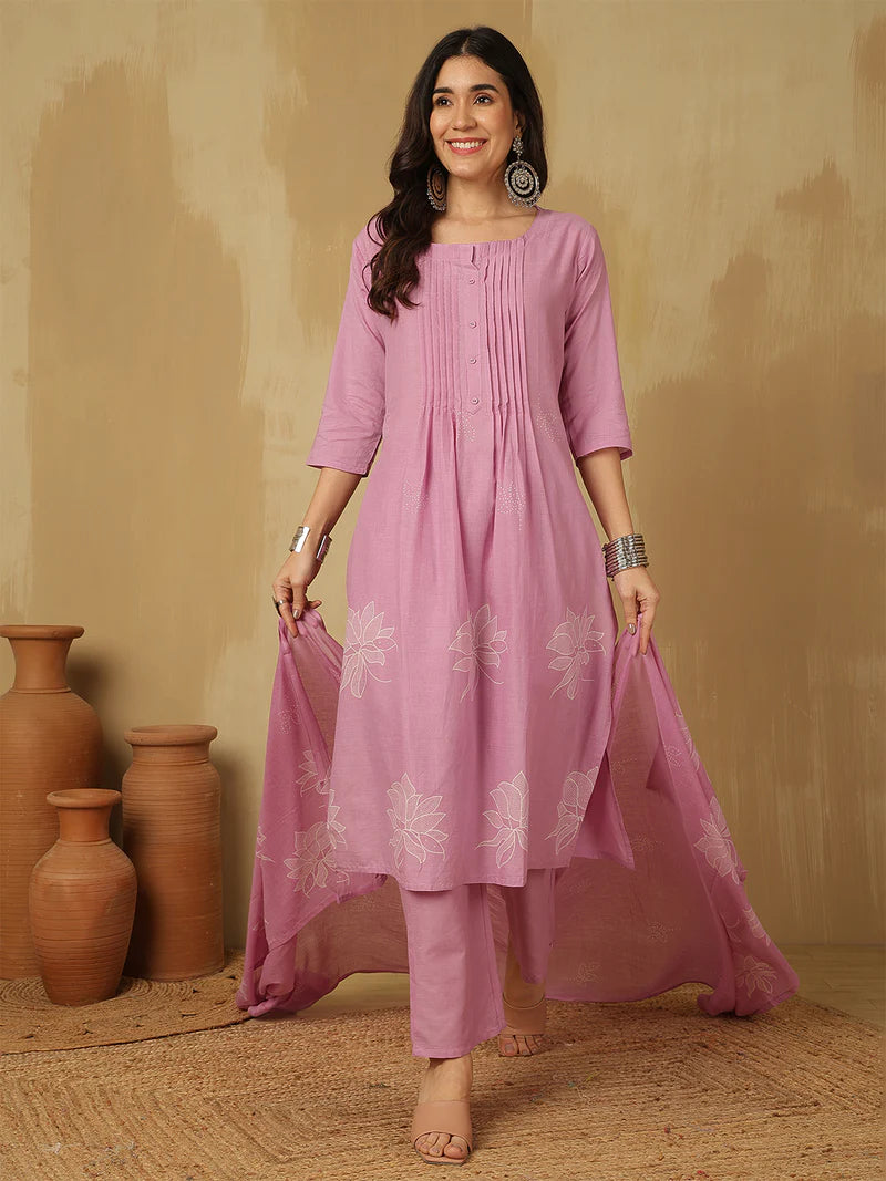 Women Cotton Discharge Printed A-line Kurta with Trouser & Dupatta