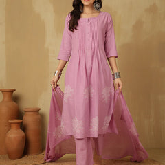 Women Cotton Discharge Printed A-line Kurta with Trouser & Dupatta