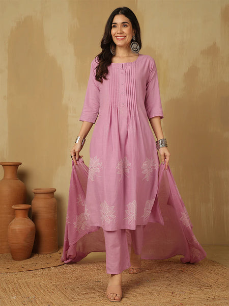 Women Cotton Discharge Printed A-line Kurta with Trouser & Dupatta