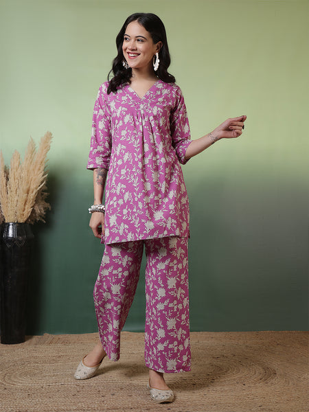 Women Blue Cotton Flex Printed Top with Trouser Co-ord Set: