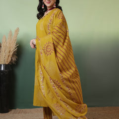 Women Pure Cotton Mustard Hand Work Yoke Printed Kurta with Trouser & Dupatta