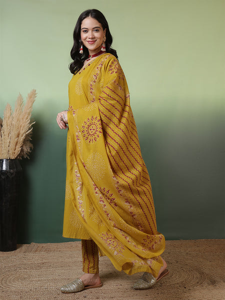 Women Pure Cotton Mustard Hand Work Yoke Printed Kurta with Trouser & Dupatta