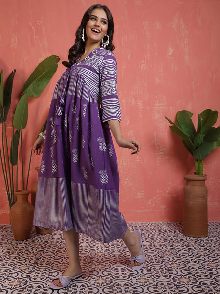 Women Purple Silver Printed, Mirror work, V-neck, Calf Length, A-line Dress