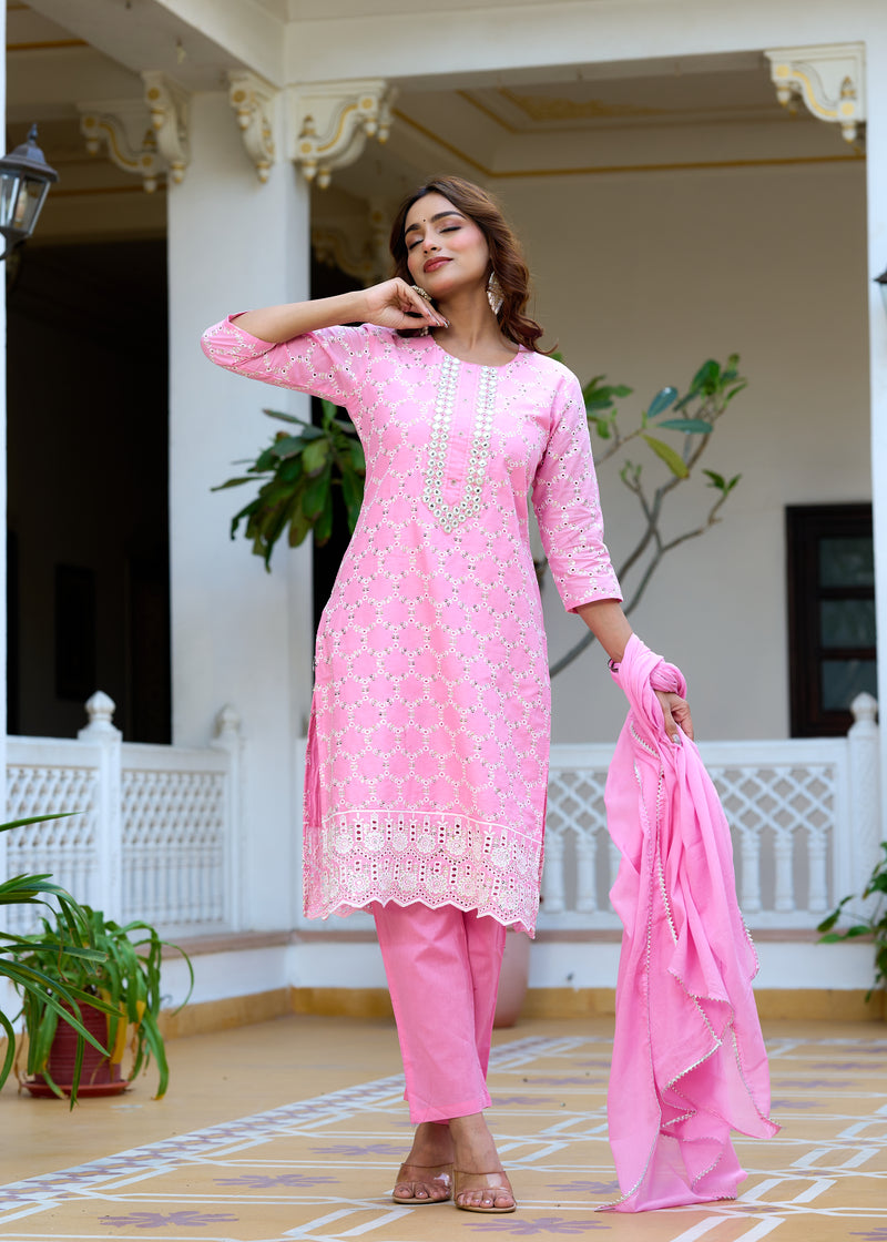 ANAISA Women cotton Schiffli embroidered Kurta with Trouser & Dupatta