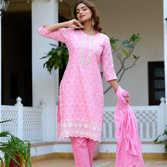 ANAISA Women cotton Schiffli embroidered Kurta with Trouser & Dupatta
