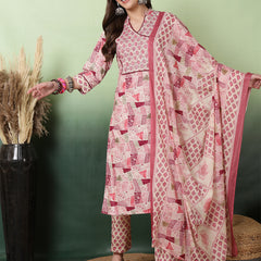 Women Pink Digital Printed V-neck Kurta with Trouser & Dupatta