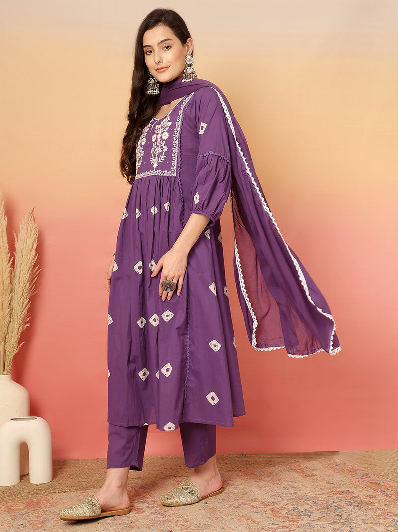 Women Cotton Purple Embroidery Anarkali Kurta with Trouser & Dupatta