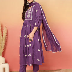 Women Cotton Purple Embroidery Anarkali Kurta with Trouser & Dupatta