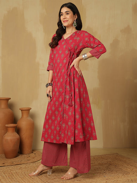 Women Red Block Printed A-line Kurta with Trouser & Dupatta