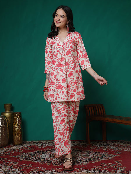 Women Pink Cotton Flex Printed Top with Trouser Co-ord Set