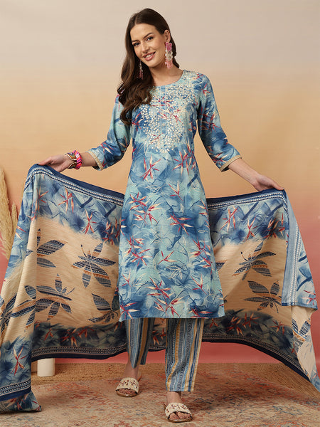 Women Blue Printed Yoke Embroidery Kurta with Trouser & Dupatta