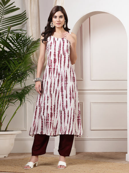 Women Wine Tie_Die Printed A_Line Kurta With Solid Bottom And Dupatta