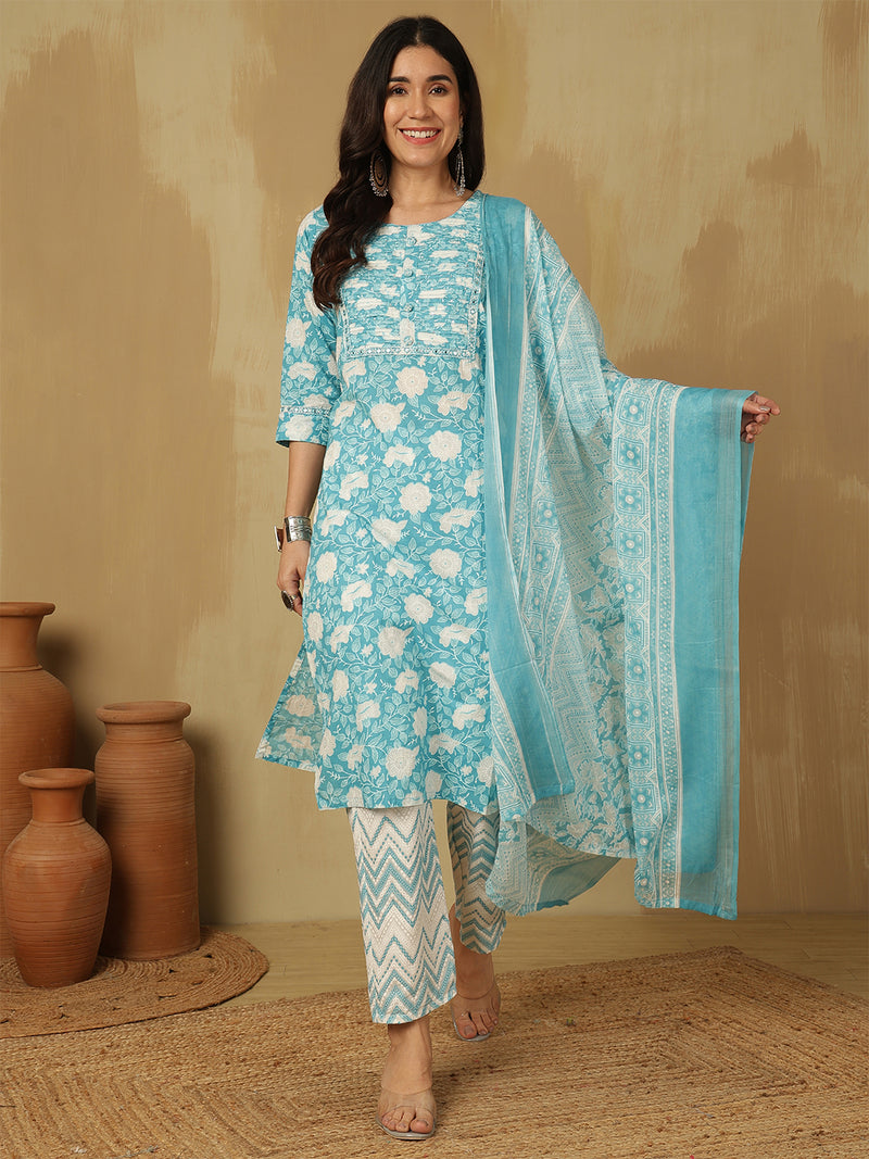 Women Sky blue Cotton Floral Printed Kurta With Trouser & Dupatta