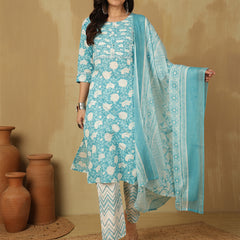 Women Sky blue Cotton Floral Printed Kurta With Trouser & Dupatta