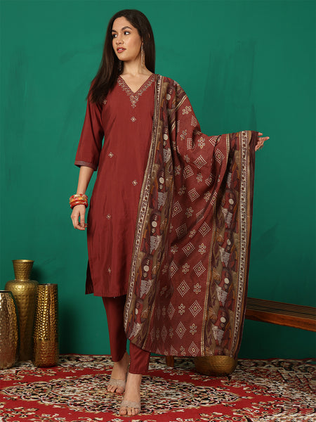 Women Maroon Silk Hand Work Yoke Solid Kurta with Trouser & Dupatta